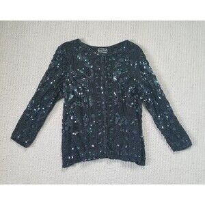 VINTAGE Jean for Joseph Le Bon Formal Jacket Womens Size Large Black Silk Sequin